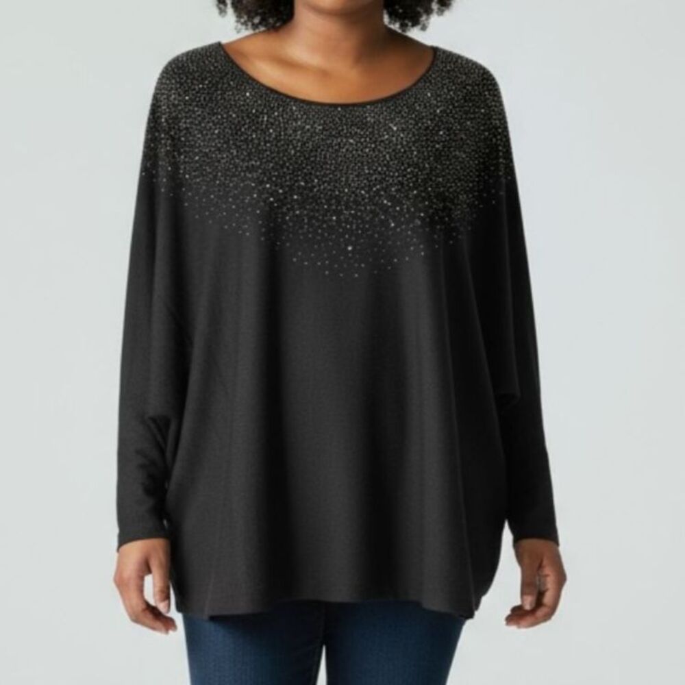 MAX STUDIO Black Rhinestone Studded Dolman Sleeve‎ Reverse Weave Sweater Party